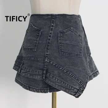 Модные женские однотонные шорты с пайетками, летние новые модные джинсовые брюки с высокой талией нерегулярной формы - Изображение 2  