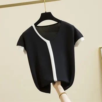 женская тонкая летняя футболка ice silk с коротким рукавом свободного кроя черного цвета - Изображение 1  