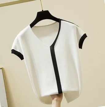 женская тонкая летняя футболка ice silk с коротким рукавом свободного кроя черного цвета - Изображение 2  
