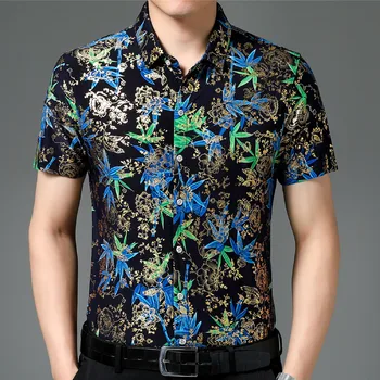 Повседневные рубашки из 80% шелка в гавайском стиле, мужские рубашки с коротким рукавом с обеих сторон, китайский национальный цветок 2023, Пляжная летняя одежда - Изображение 1  
