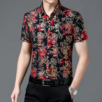 Повседневные рубашки из 80% шелка в гавайском стиле, мужские рубашки с коротким рукавом с обеих сторон, китайский национальный цветок 2023, Пляжная летняя одежда - Изображение 2  
