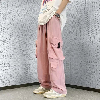 Модные розовые спортивные брюки-карго с эластичной резинкой на талии, Большие размеры, Y2K, Боковой карман, Прямые повседневные Женские Мешковатые Длинные брюки - Изображение 1  