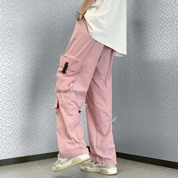 Модные розовые спортивные брюки-карго с эластичной резинкой на талии, Большие размеры, Y2K, Боковой карман, Прямые повседневные Женские Мешковатые Длинные брюки - Изображение 2  