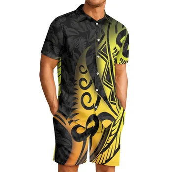 Татуировка с тотемом Полинезийского племени Тонга, принты Тонга, Удобный мужской спортивный костюм, Желтая рубашка с лацканами, пляжные шорты, повседневный комплект из 2 предметов - Изображение 1  