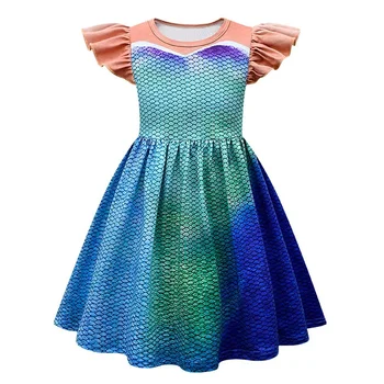 Платье Русалочки для девочек, новинка 2023 года, однотонное повседневное платье с разлетающимися рукавами, милое модное платье трапециевидной формы - Изображение 2  