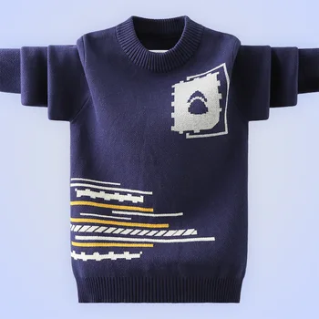 Детский свитер, осенне-зимний модный детский теплый пуловер с длинными рукавами, куртка, Нижняя рубашка для мальчиков-подростков, трикотажные хлопчатобумажные топы - Изображение 1  