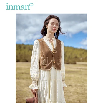 Женское жилетное пальто INMAN 2023, Осенняя свободная куртка без рукавов с V-образным вырезом и вышивкой, Винтажная верхняя одежда в тон, топы на бретелях - Изображение 1  