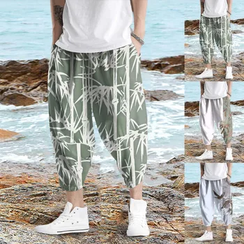 Летние укороченные брюки, мужские тонкие повседневные брюки, простые модные свободные шаровары большого размера, пляжные - Изображение 1  