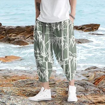 Летние укороченные брюки, мужские тонкие повседневные брюки, простые модные свободные шаровары большого размера, пляжные - Изображение 2  