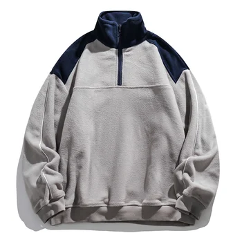 2023 Осенние флисовые контрастные толстовки для мужчин Уличная одежда в стиле пэчворк Полуоткрытый пуловер на молнии Спортивная рубашка Мужская одежда - Изображение 1  