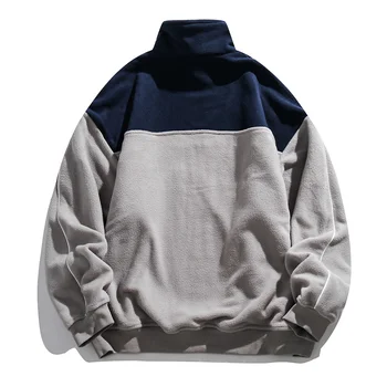 2023 Осенние флисовые контрастные толстовки для мужчин Уличная одежда в стиле пэчворк Полуоткрытый пуловер на молнии Спортивная рубашка Мужская одежда - Изображение 2  