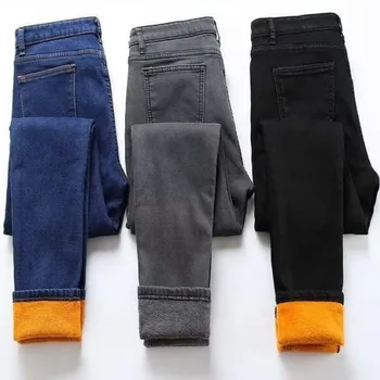 Женские осенне-зимние плюшевые джинсы с высокой талией, облегающие джинсовые брюки с узкими штанинами, утолщенные теплые джинсы-леггинсы-карандаш для женщин - Изображение 1  