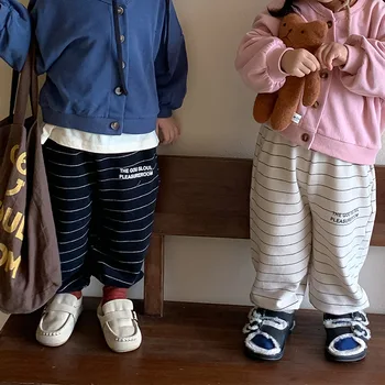Детская одежда, осенние повседневные брюки в полоску для девочек, повседневные брюки с буквенным принтом, детские брюки 2023 года выпуска - Изображение 1  