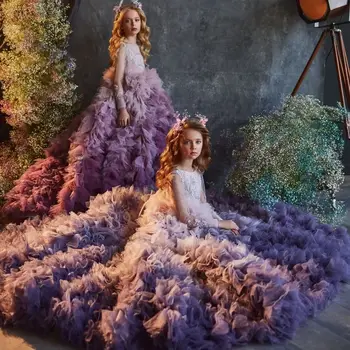 Фиолетовые платья с цветочным узором для девочек на свадьбу, трапециевидные пышные платья из тюля с оборками, длинные нарядные платья для девочек, маленькие дети, Малыши - Изображение 1  