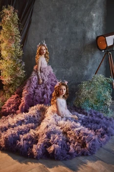 Фиолетовые платья с цветочным узором для девочек на свадьбу, трапециевидные пышные платья из тюля с оборками, длинные нарядные платья для девочек, маленькие дети, Малыши - Изображение 2  
