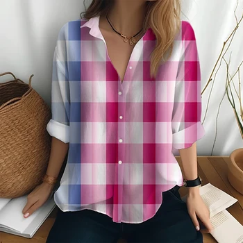 Женская весенне-осенняя новая рубашка, офисные повседневные рубашки, модные рубашки с лацканами на пуговицах, топы в клетку с 3D принтом, рубашки с длинными рукавами - Изображение 1  