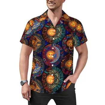 Свободная рубашка Psychedelic Sun Moon, мужские пляжные повседневные рубашки Cosmic Dream, Гавайский дизайн, короткие рукава, Стильные блузки Оверсайз - Изображение 1  