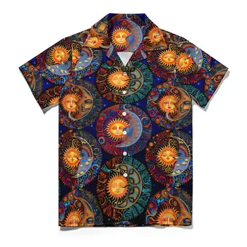 Свободная рубашка Psychedelic Sun Moon, мужские пляжные повседневные рубашки Cosmic Dream, Гавайский дизайн, короткие рукава, Стильные блузки Оверсайз - Изображение 2  