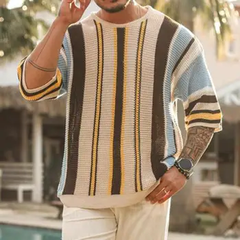 Мужской свитер с принтом в полоску, круглый вырез, вязаный свитер с коротким рукавом, Свободный пуловер, Эластичный мужской свитер с защитой от усадки на весну-осень - Изображение 1  