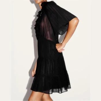 Женское платье PASSIONNE с оборками, V-образным вырезом, короткими рукавами, высокой талией, складками, черные платья, женский повседневный стиль, Летняя мода 2023, новинка - Изображение 2  