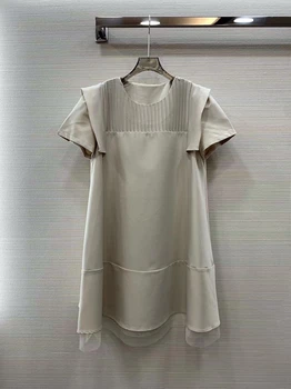 2023 новое женское модное платье с короткими рукавами и круглым вырезом, плиссированное с объемным профилем, глянцевое высококачественное однотонное платье 1623 - Изображение 2  
