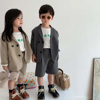 Детский летний однотонный костюм Комплект из двух предметов (куртка + шорты) 2023 Новый модный Высококачественный детский повседневный комплект - Изображение 1  