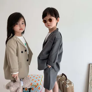 Детский летний однотонный костюм Комплект из двух предметов (куртка + шорты) 2023 Новый модный Высококачественный детский повседневный комплект - Изображение 2  