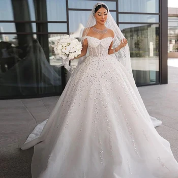 Изысканное бальное платье с бисером, свадебные платья для женщин, свадебное платье с открытыми плечами, блестящее свадебное платье принцессы в арабском Дубае, Vestidos De Novia - Изображение 1  