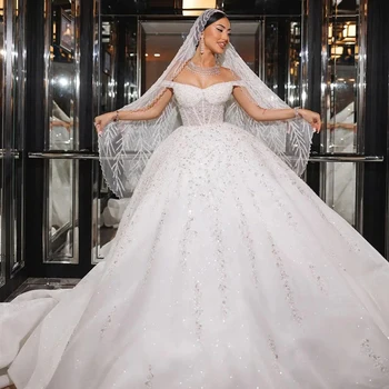 Изысканное бальное платье с бисером, свадебные платья для женщин, свадебное платье с открытыми плечами, блестящее свадебное платье принцессы в арабском Дубае, Vestidos De Novia - Изображение 2  