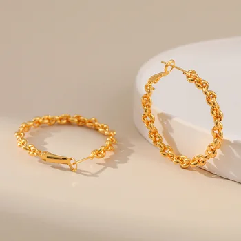 Серьги-кольца с кольцевым кольцом из 18-каратного золота, покрытые обручами для женщин, персонализированные скручивания из жареного теста, крутые сережки для девочек, шикарные украшения - Изображение 2  