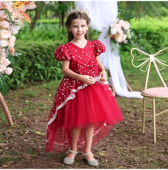 Детское платье принцессы для девочек, Фатиновое платье с пышными рукавами и многослойным принтом в горошек, праздничное платье для выступления на сцене - Изображение 1  