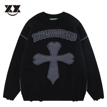Модный повседневный пуловер в стиле харадзюку, вязаные свитера унисекс с мультяшными буквами-крестиками, мужской свитер в стиле хип-хоп, осенняя уличная одежда Y2K - Изображение 1  