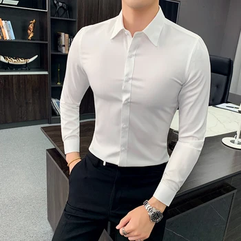 Осень 2023, однотонная деловая рубашка приталенного кроя, высококачественная удобная мужская рубашка, трендовая повседневная рубашка для светской вечеринки. - Изображение 1  