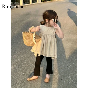 RiniLucia 2023 Летние Комплекты для маленьких девочек, Однотонная рубашка без рукавов, Брюки, Костюм для девочек, комплект детской одежды, Одежда для детей - Изображение 1  