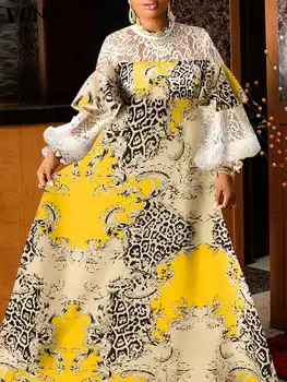Летнее платье VONDA 2023, Винтажное платье Макси с цветочным принтом и длинным рукавом, Женское кружевное платье в стиле пэчворк, Плиссированный праздничный халат - Изображение 1  