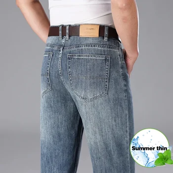 Летние мужские мешковатые Тонкие джинсы 2023, Классическая деловая мода, роскошные прямые брюки, мужские офисные брюки из стрейч-денима для отдыха - Изображение 1  