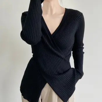 Сексуальный тонкий пуловер с перекрестным V-образным вырезом, свитер 2023, Женский однотонный повседневный свитер с низом, осень-зима, Офисный Женский вязаный свитер - Изображение 1  