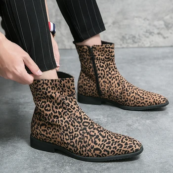Мужские ботильоны из натуральной кожи с леопардовым принтом и застежкой-молнией, деловые мужские ботинки, Бесплатная доставка, Zapatos Para Moto Hombre - Изображение 1  