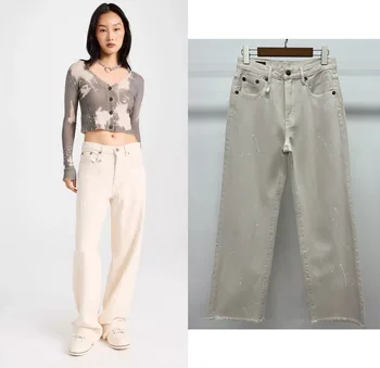 2023, Ранняя осень, Новые высококачественные прямые джинсы с высокой талией из чистого белого лакированного необработанного края, женская бесплатная доставка - Изображение 1  