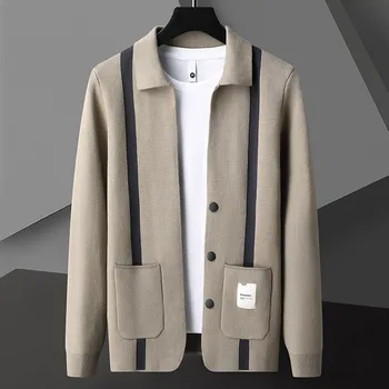 Модный брендовый мужской вязаный кардиган2023 в полоску, весенне-осенняя новая корейская версия, повседневный карман, высококачественный свитер, пальто - Изображение 1  