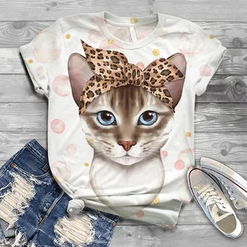 Летние футболки для женщин 2022 harajuku, футболка с 3D принтом кота для девочек, y2k, модная футболка с короткими рукавами и круглым вырезом, повседневная одежда оверсайз - Изображение 1  
