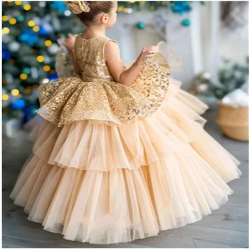 Золотое платье в цветочек для девочек, кружевное тюлевое платье с круглым воротником, принцесса, Длинное свадебное детское платье, Театрализованное представление, Первое причастие - Изображение 2  