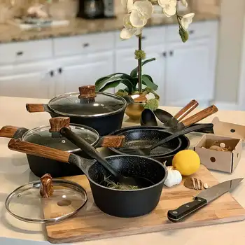 Набор посуды с антипригарным покрытием из 12 предметов, набор кастрюль и сковородок из литого алюминия, черный - Изображение 1  