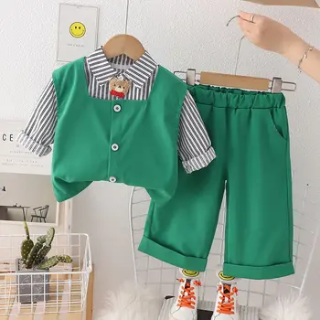 Осенне-весенняя детская одежда, рубашка с длинными рукавами для мальчиков, жилет, брюки, комплект из трех предметов, мужская одежда для малышей от 1 до 5 лет, верхняя одежда - Изображение 1  