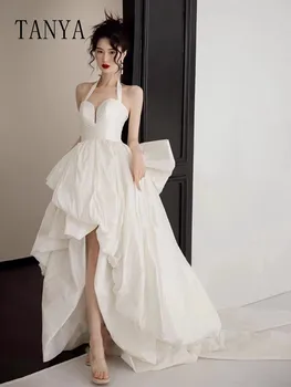 Романтичное свадебное платье с высокой посадкой и съемным бантом-хвостом, простые свадебные платья из тафты без рукавов с бретелькой на шее - Изображение 1  