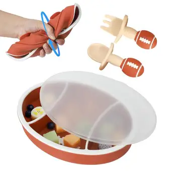 Силиконовые разделенные тарелки для малышей В форме мяча для регби, разделенные принадлежности для кормления детей для самостоятельного обучения кормлению, нескользящая пластина - Изображение 1  