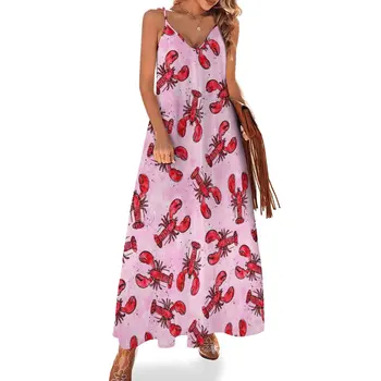 лобстеры - тушь и акварель - красное на розовом платье без рукавов, тренд женской одежды 2023, платья для церемоний - Изображение 1  
