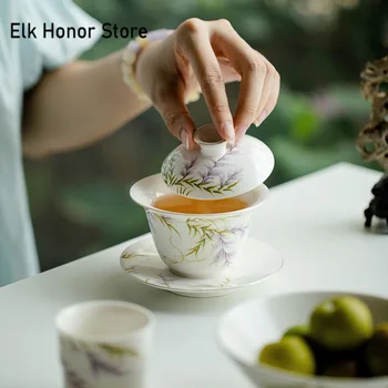 150 мл чистого цветка глицинии ручной росписи Gaiwan Роскошная Серебряная чайная супница для домашнего приготовления чая, крышка для чаши, украшение кафе - Изображение 1  