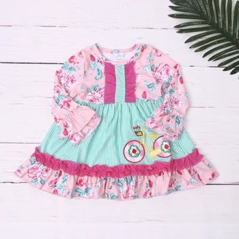 Осенне-зимнее платье для девочек от 1 до 8 лет, розово-зеленая юбка с круглым вырезом в цветочек и мультяшной вышивкой на велосипеде, детская одежда - Изображение 1  