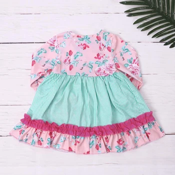 Осенне-зимнее платье для девочек от 1 до 8 лет, розово-зеленая юбка с круглым вырезом в цветочек и мультяшной вышивкой на велосипеде, детская одежда - Изображение 2  